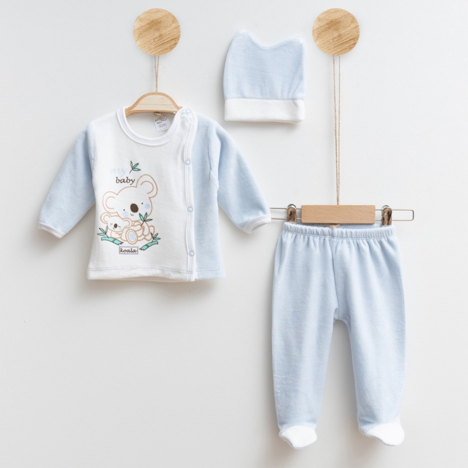 Melish Bebe Koala Kadife 3lü Bebek Takımı 3590R Krem-Mavi