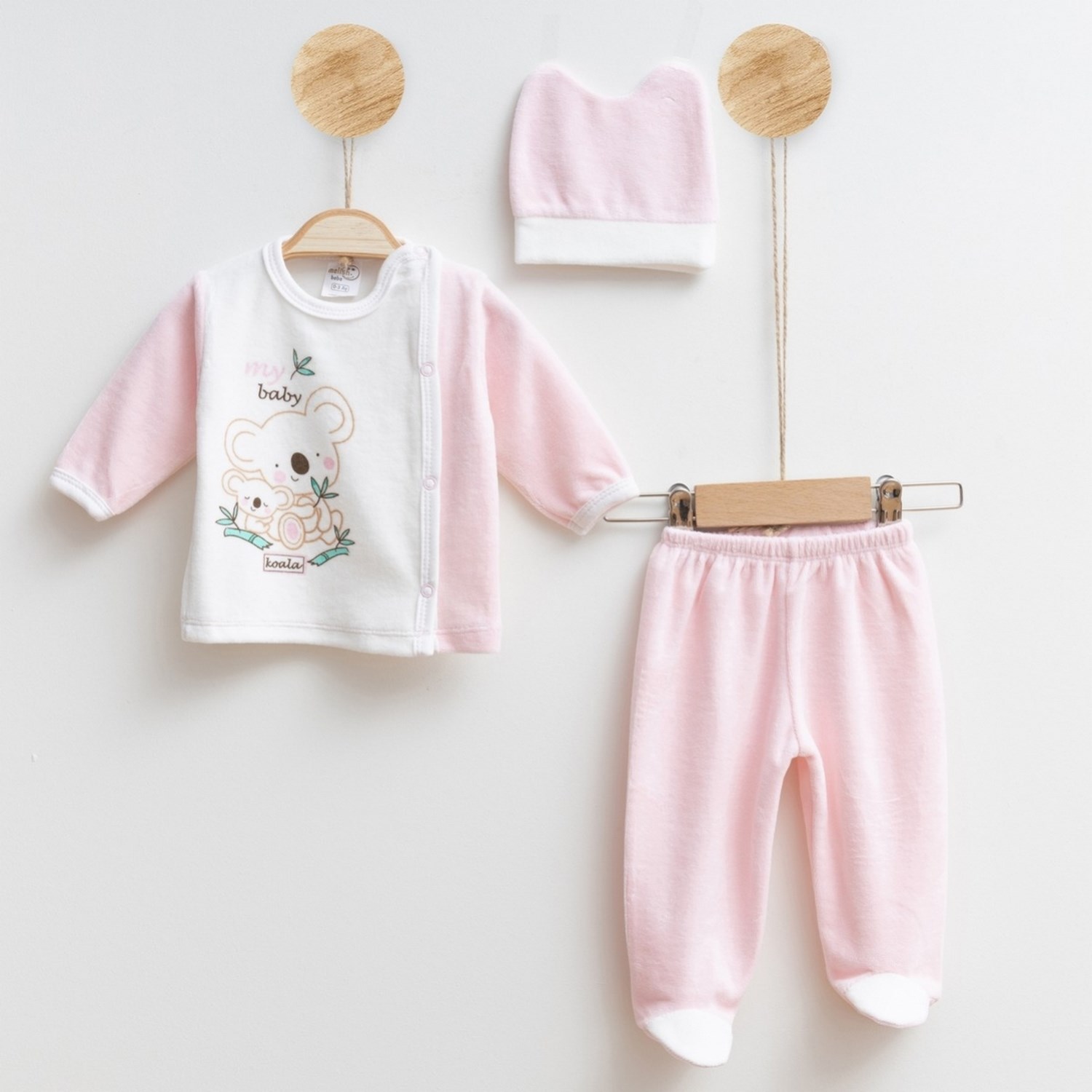 Melish Bebe Koala Kadife 3lü Bebek Takımı 3590R Krem-Pembe