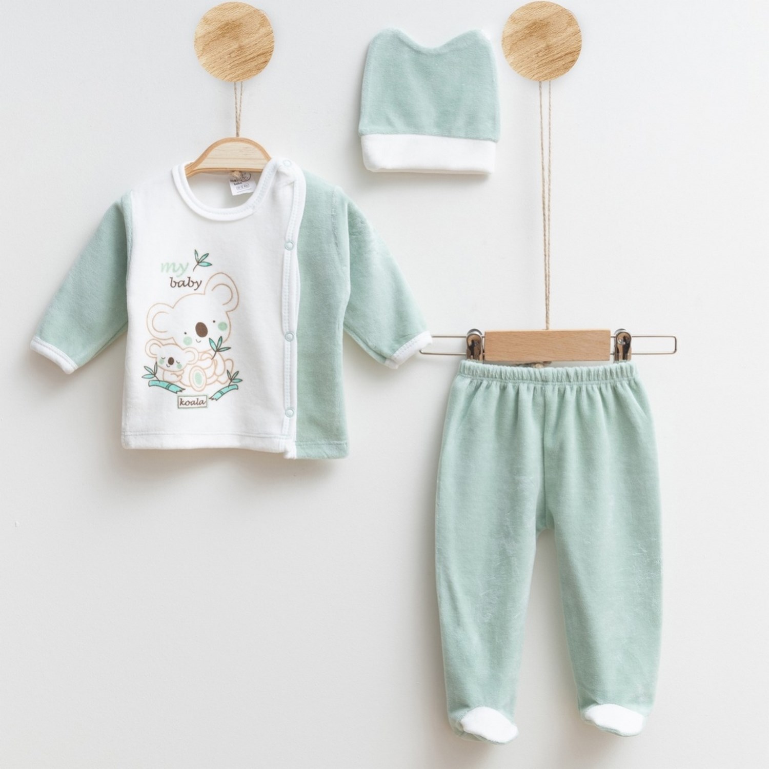 Melish Bebe Koala Kadife 3lü Bebek Takımı 3590R Krem-Yeşil
