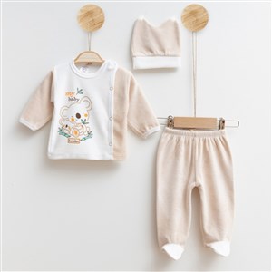 Melish Bebe Koala Kadife 3lü Bebek Takımı 3590R Krem-Kahverengi