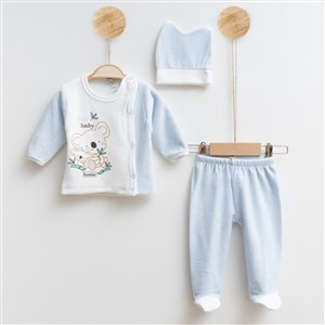 Melish Bebe Koala Kadife 3lü Bebek Takımı 3590R Krem-Mavi