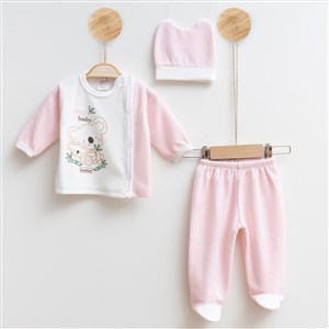 Melish Bebe Koala Kadife 3lü Bebek Takımı 3590R Krem-Pembe