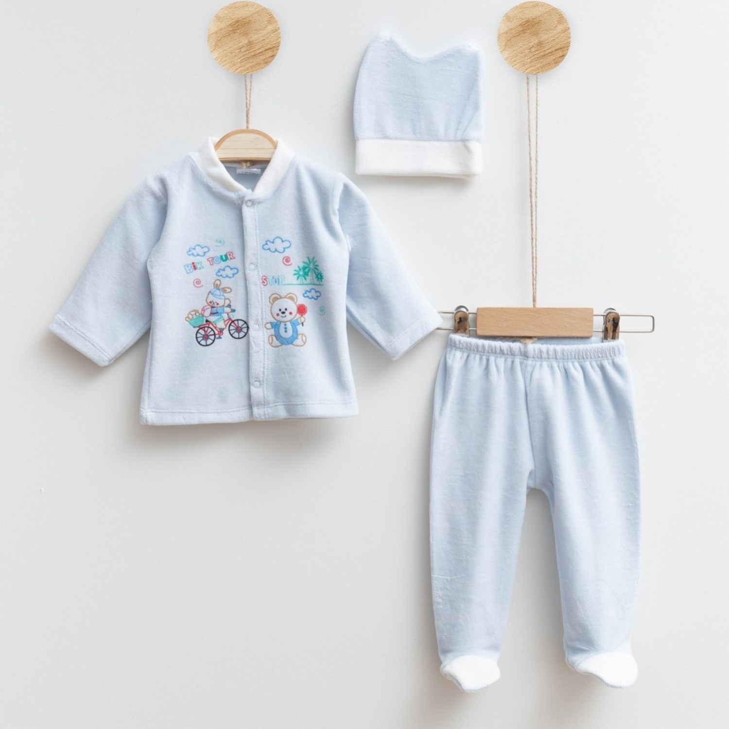Melish Bebe Ayı Kadife 3lü Bebek Takımı 3581R Mavi