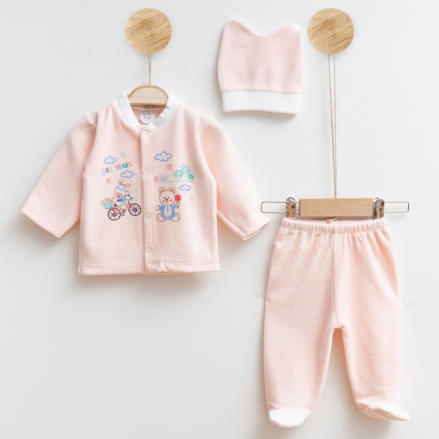 Melish Bebe Ayı Kadife 3lü Bebek Takımı 3581R Pudra
