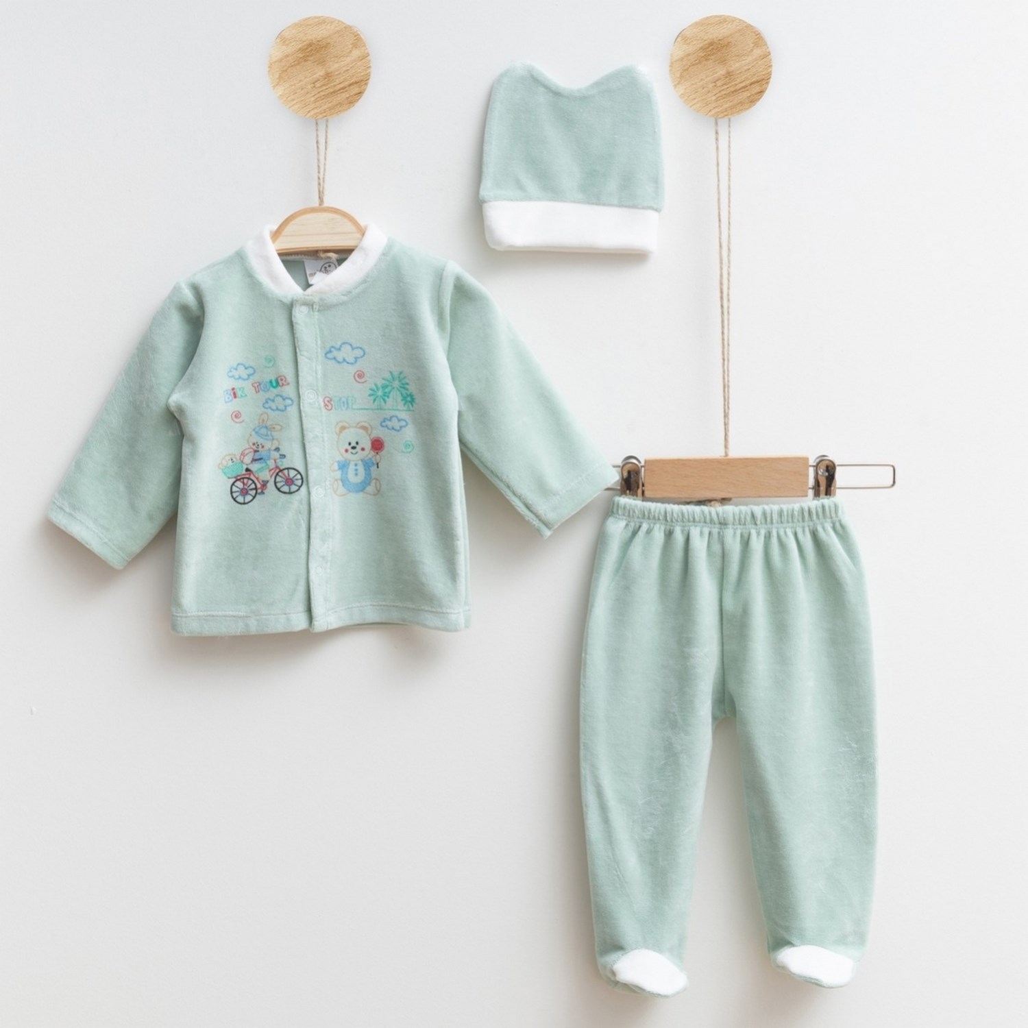 Melish Bebe Ayı Kadife 3lü Bebek Takımı 3581R Yeşil