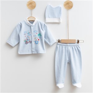 Melish Bebe Ayı Kadife 3lü Bebek Takımı 3581R Mavi