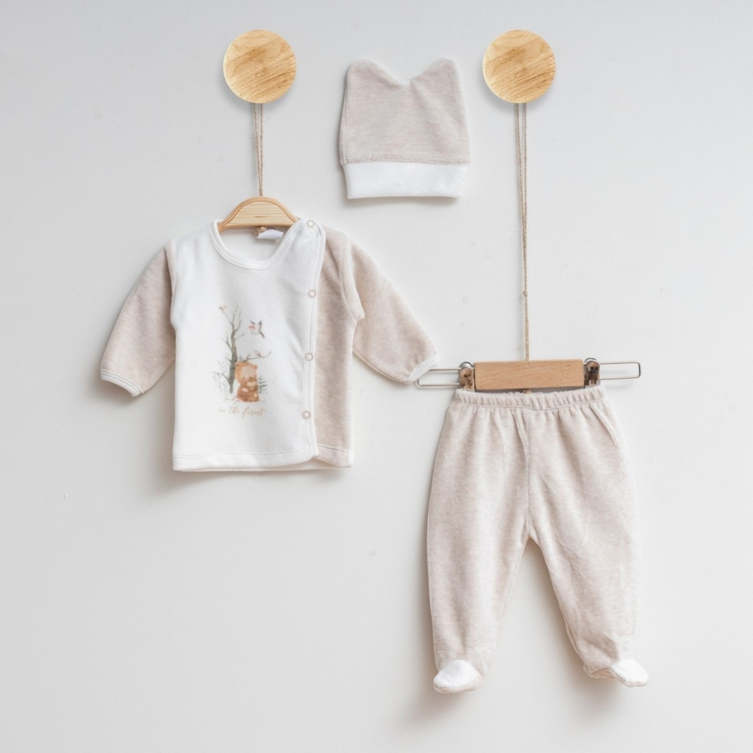 Melish Bebe Orman Kadife 3lü Bebek Takımı 3595R Krem-Kahverengi