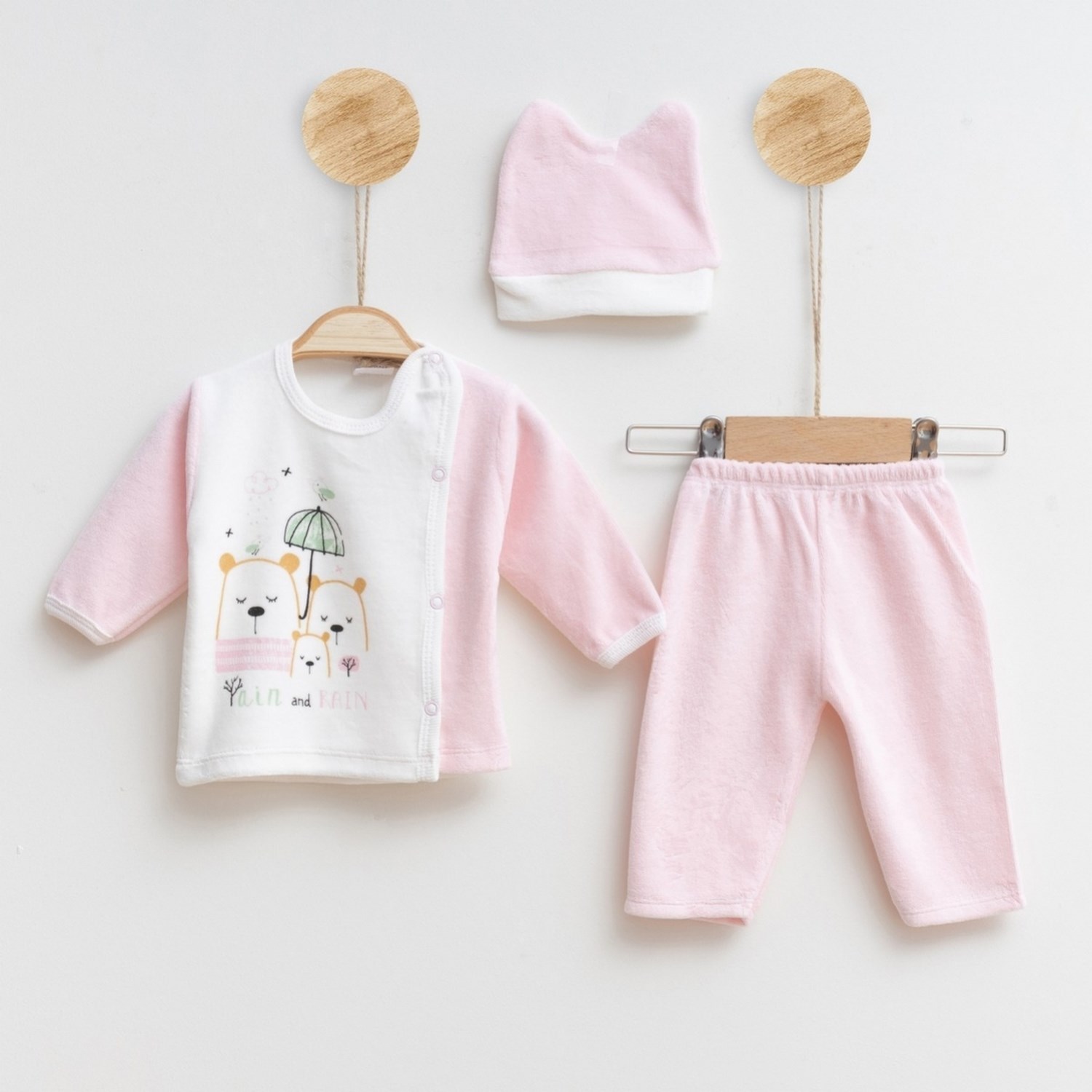 Melish Bebe Şemsiye Kadife 3lü Bebek Takımı 3593R Krem-Pembe