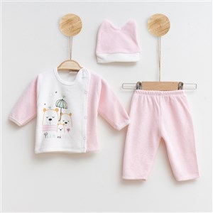 Melish Bebe Şemsiye Kadife 3lü Bebek Takımı 3593R Krem-Pembe