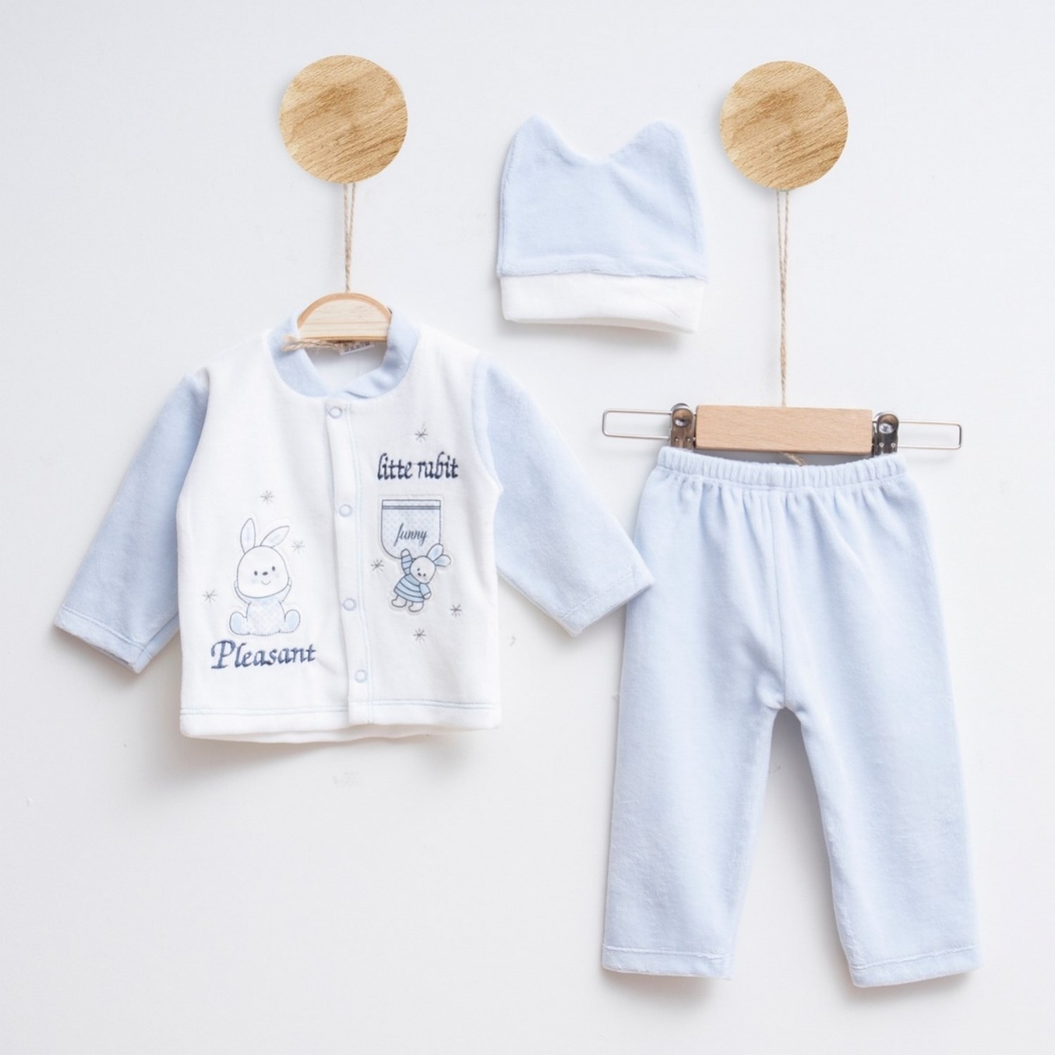 Melish Bebe Tavşan Kadife 3lü Bebek Takımı 3583R Krem-Mavi