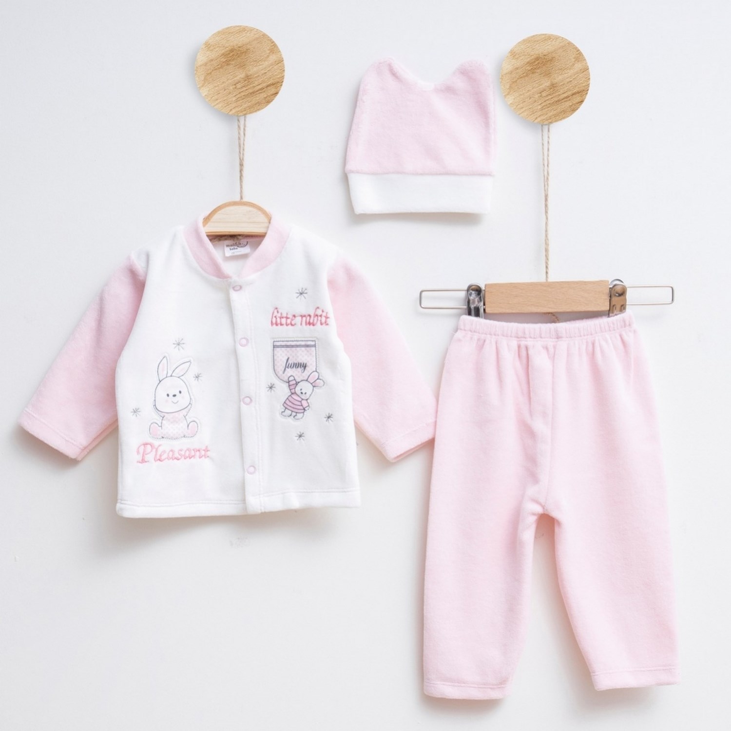 Melish Bebe Tavşan Kadife 3lü Bebek Takımı 3583R Krem-Pembe