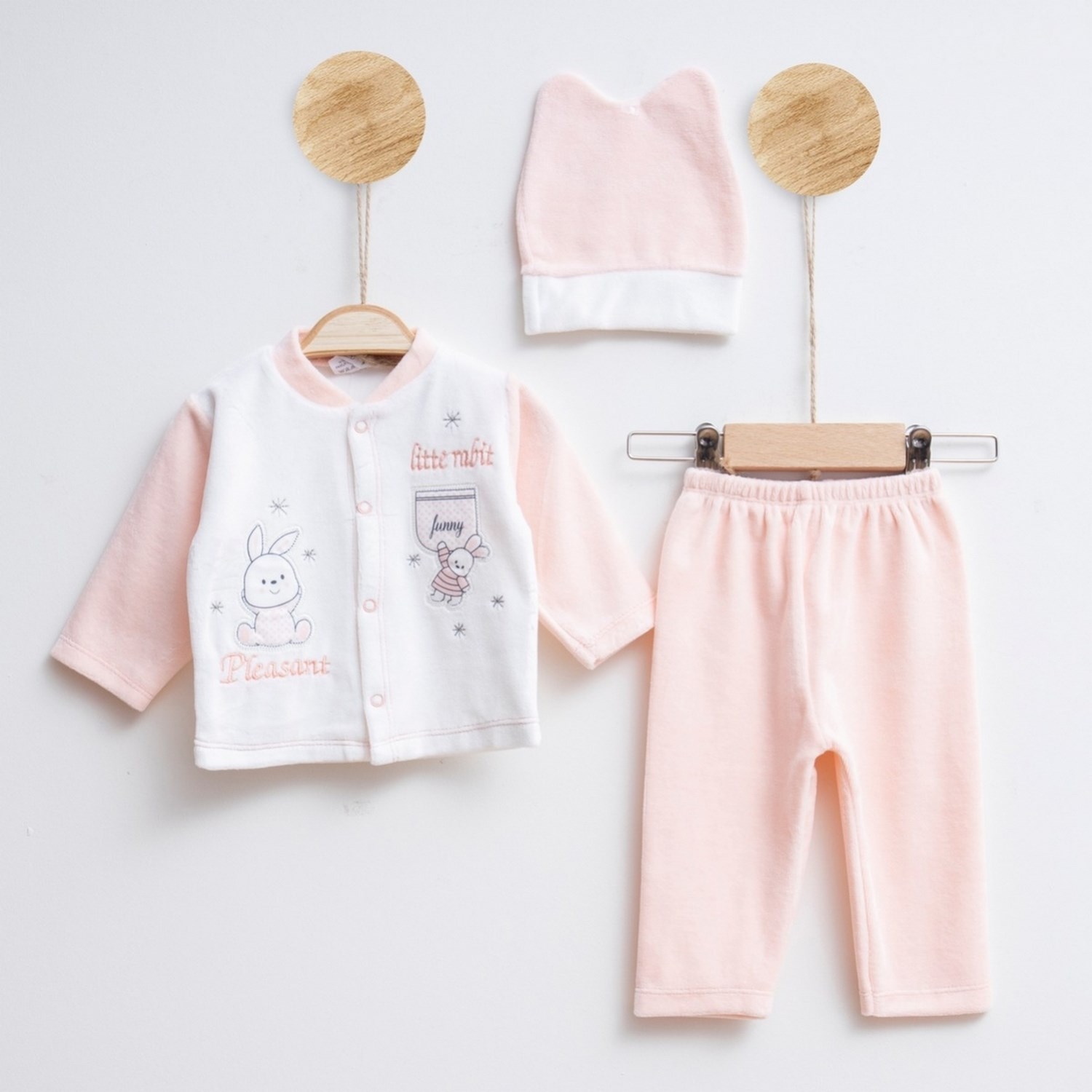 Melish Bebe Tavşan Kadife 3lü Bebek Takımı 3583R Pudra