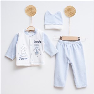 Melish Bebe Tavşan Kadife 3lü Bebek Takımı 3583R Krem-Mavi