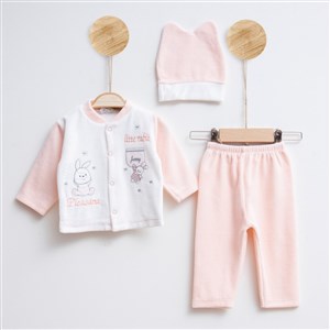 Melish Bebe Tavşan Kadife 3lü Bebek Takımı 3583R Pudra