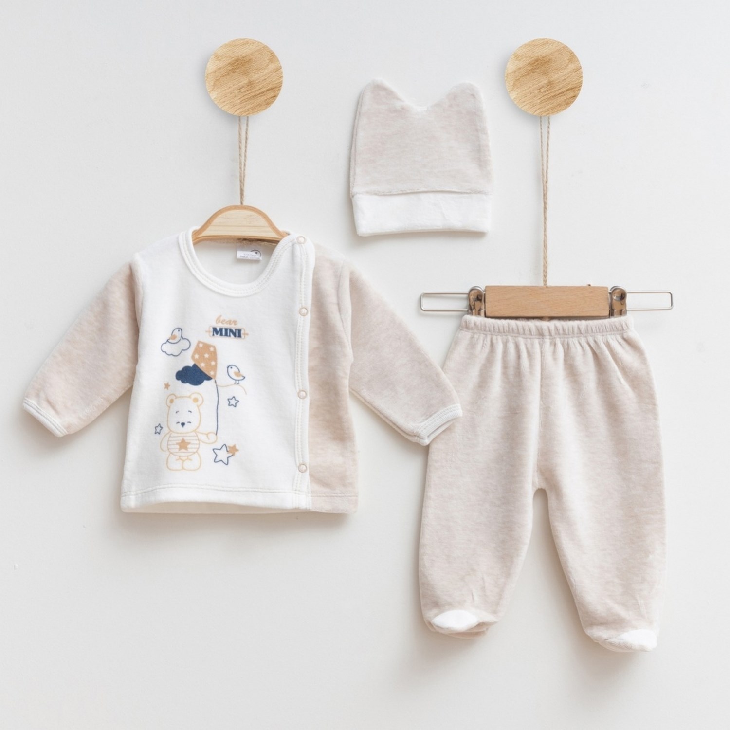 Melish Bebe Uçurtmalı Kadife 3lü Bebek Takımı 3592R Kahverengi