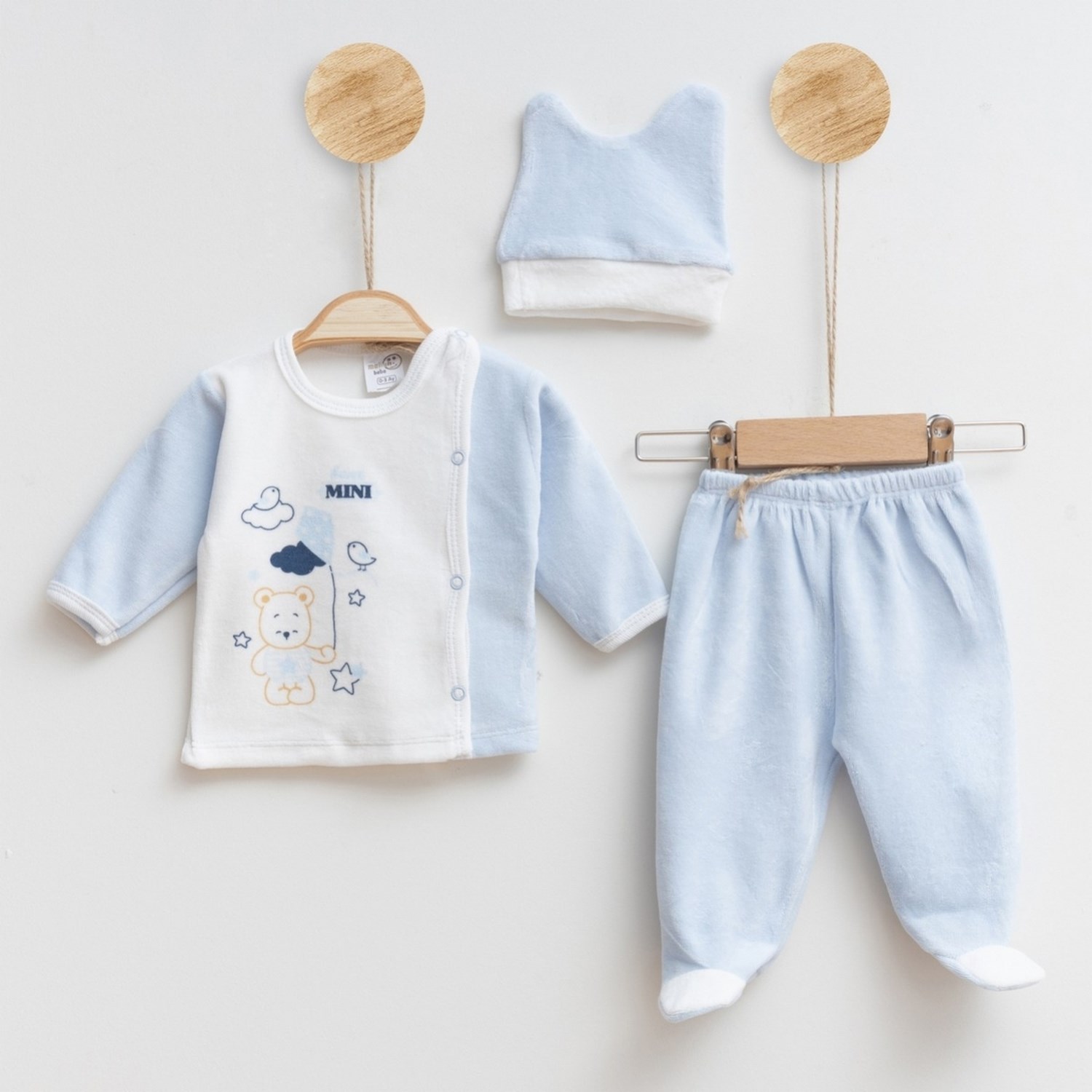 Melish Bebe Uçurtmalı Kadife 3lü Bebek Takımı 3592R Mavi