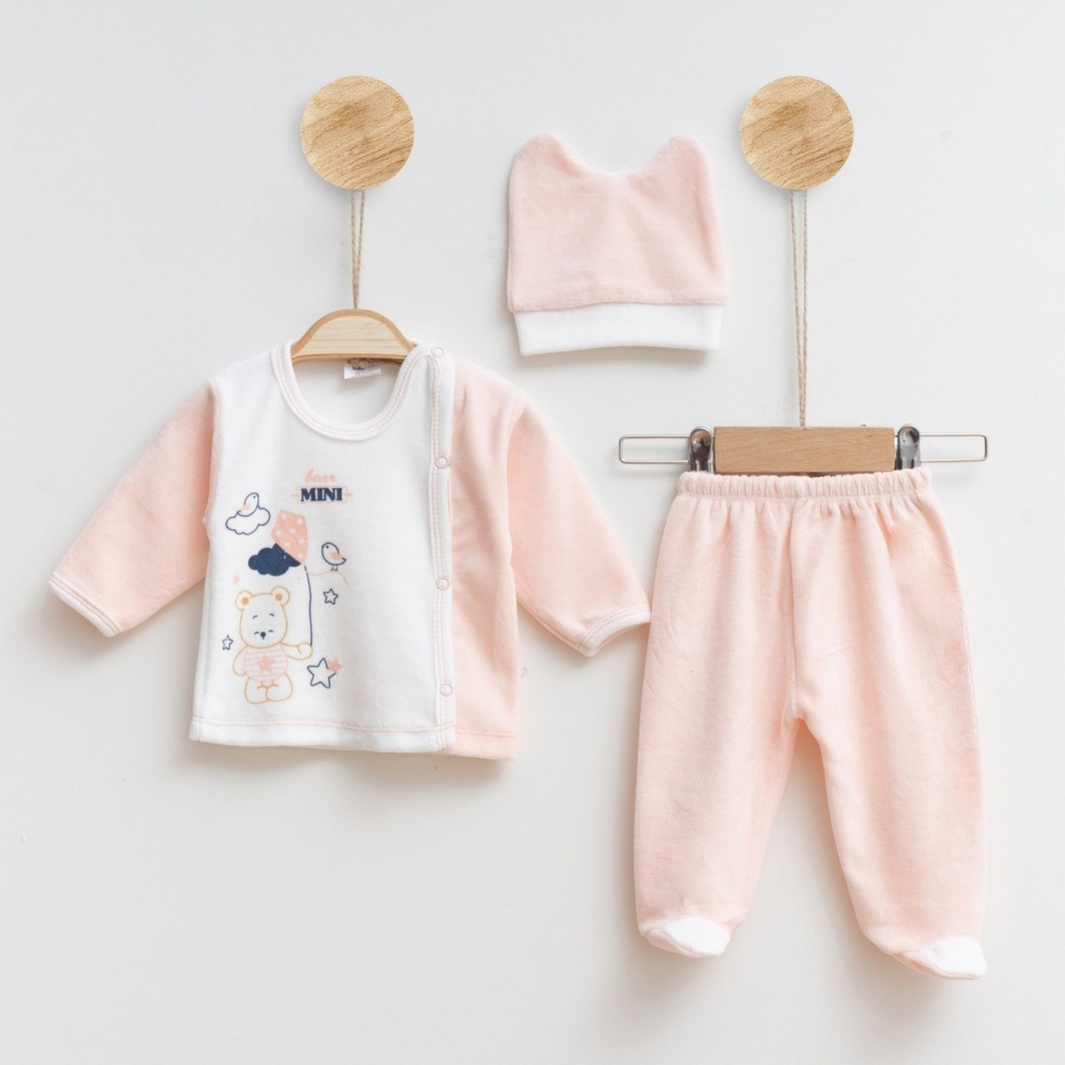 Melish Bebe Uçurtmalı Kadife 3lü Bebek Takımı 3592R Pudra