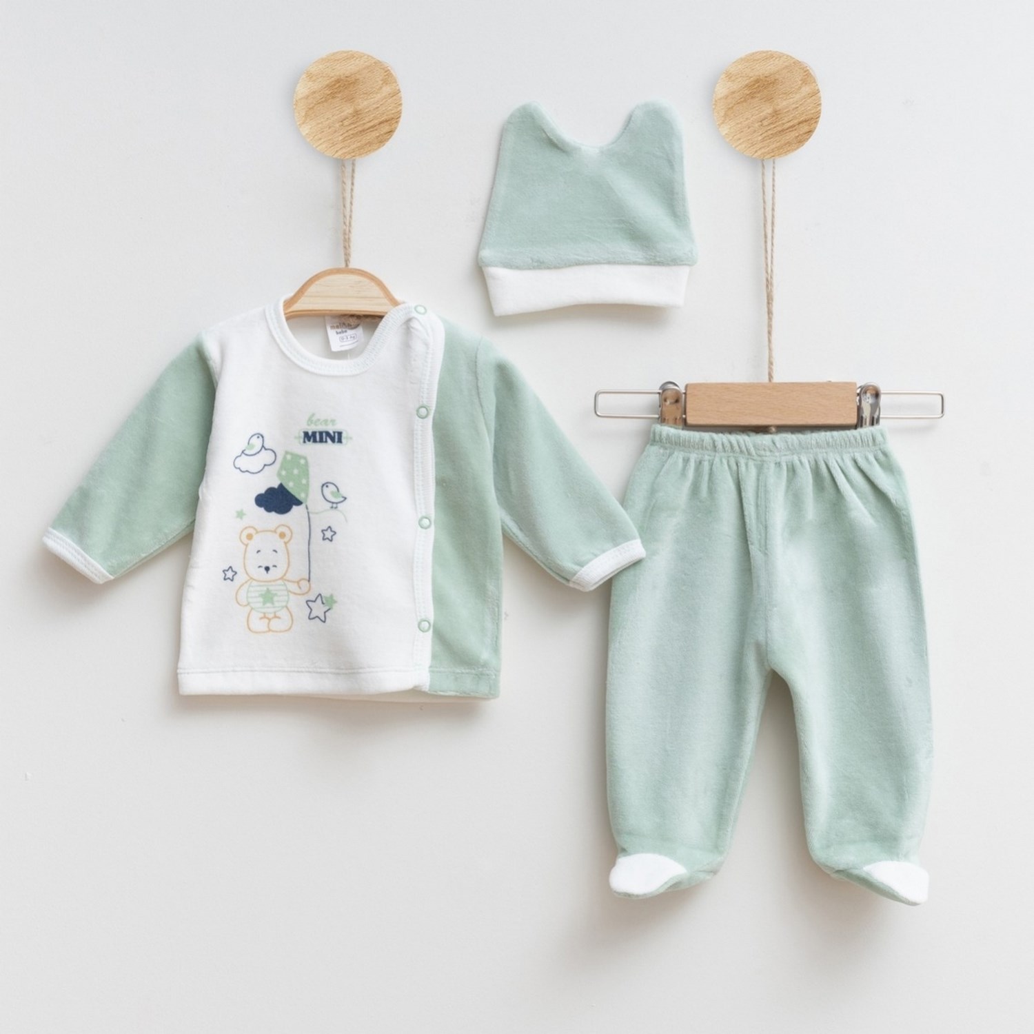Melish Bebe Uçurtmalı Kadife 3lü Bebek Takımı 3592R Yeşil