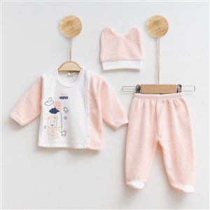 Melish Bebe Uçurtmalı Kadife 3lü Bebek Takımı 3592R Pudra