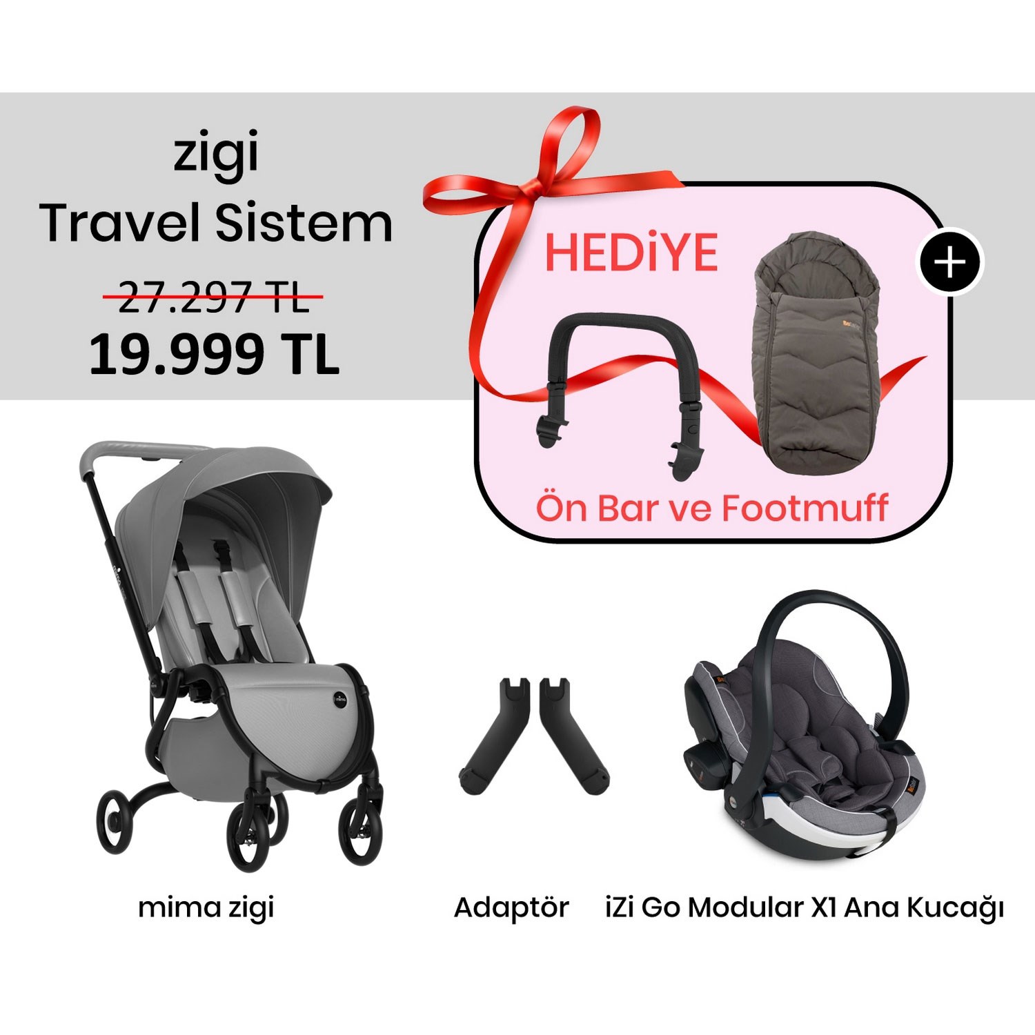 Mima Zigi Travel Sistem Bebek Arabası Argento-Metallic Melange
