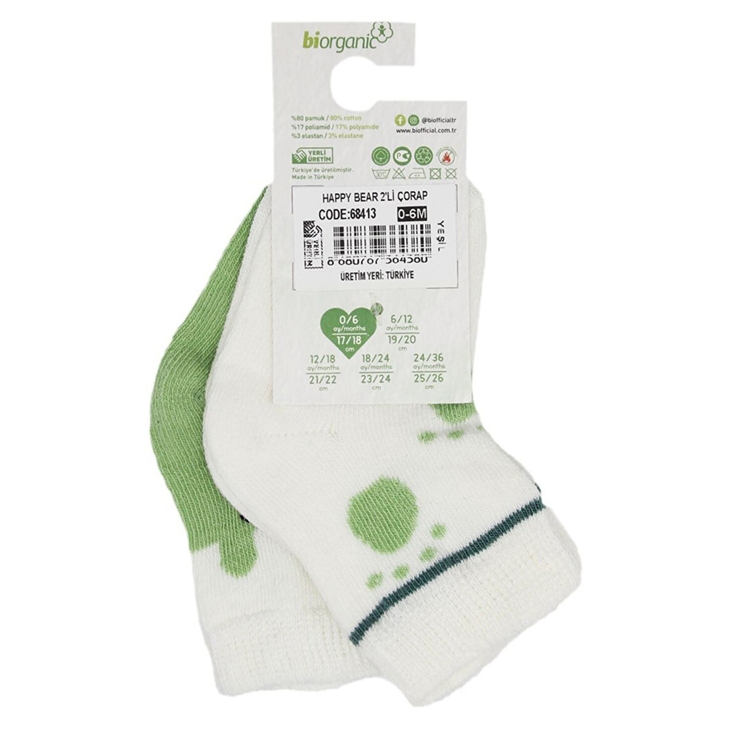 Biorganic Happy Bear 2'li Bebek Çorabı 68409 Yeşil