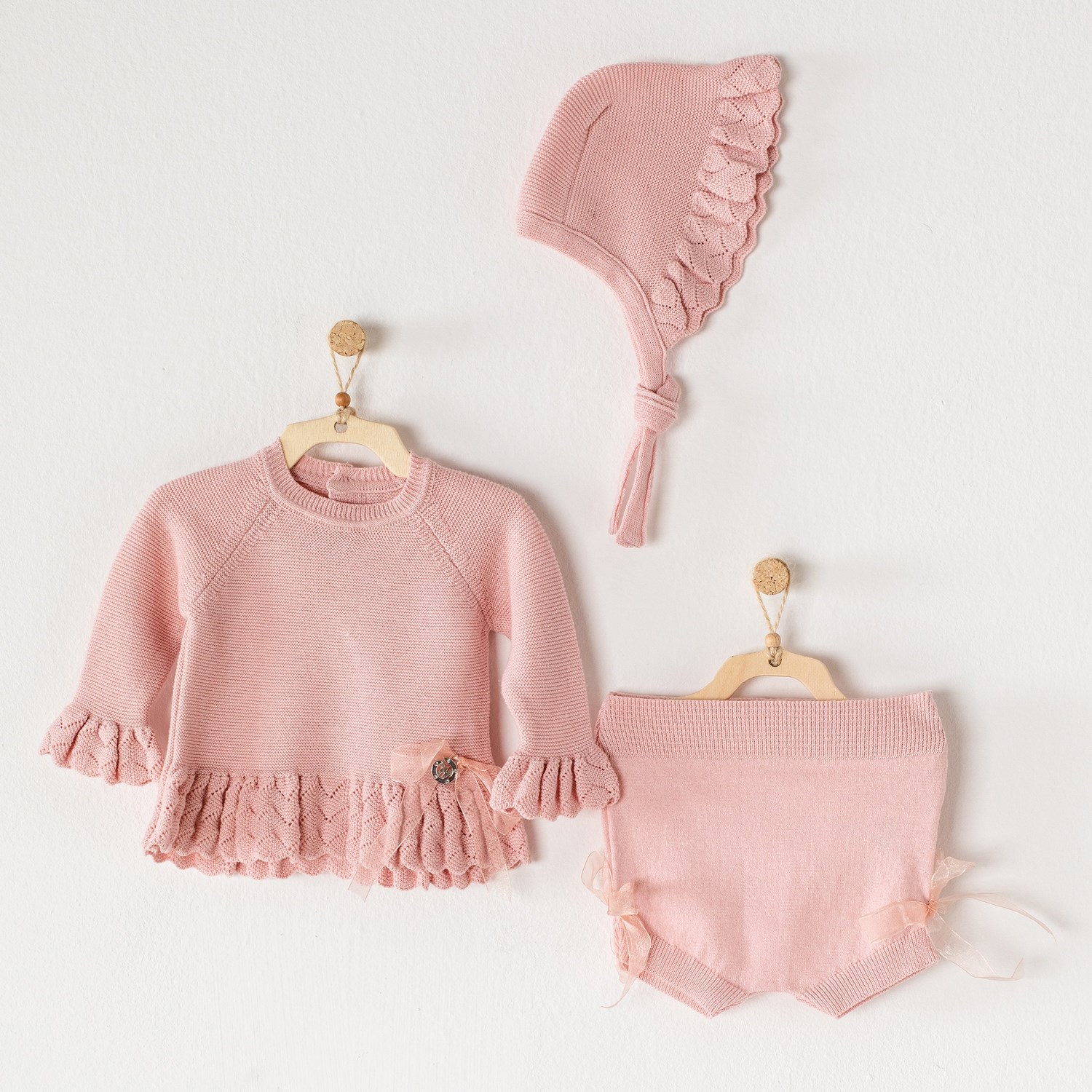 Andywawa Knitwear 3'lü Bebek Triko Takım AC23200 Pembe