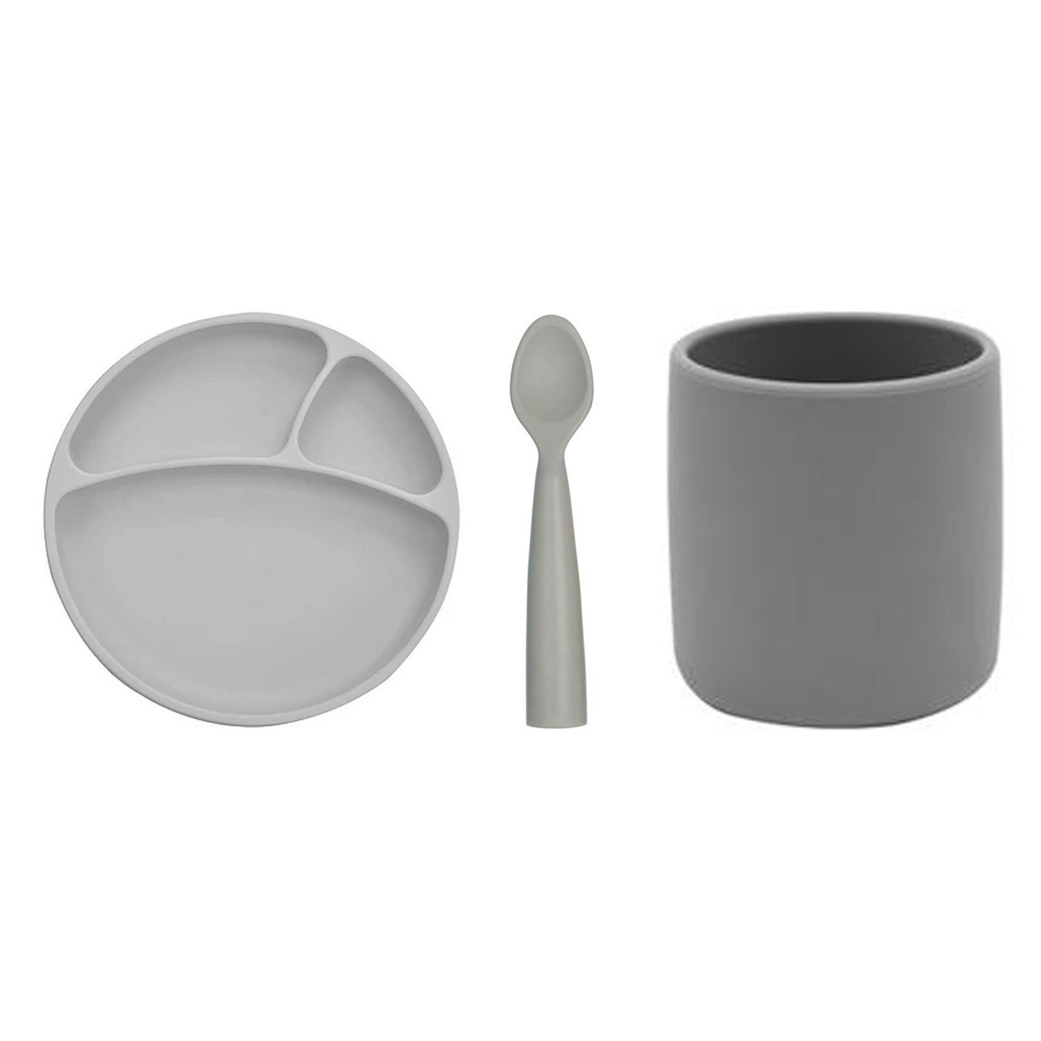 Oioi Porsiyon Tabak+Bardak+Nam Nam Kaşık 3'Lü Set Gri