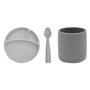 Oioi Porsiyon Tabak+Bardak+Nam Nam Kaşık 3'Lü Set Gri