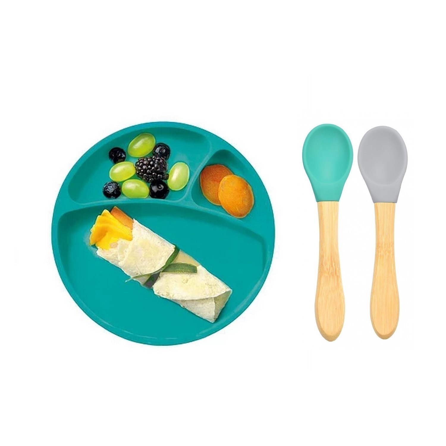 Oioi Silikon Tabak+Bambu Saplı Silikon Kaşık Yeşil