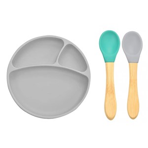 Oioi Silikon Tabak+Bambu Saplı Silikon Kaşık Gri-Yeşil