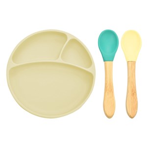 Oioi Silikon Tabak+Bambu Saplı Silikon Kaşık Sarı