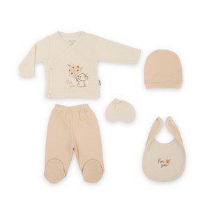 Minilamb Çiçekli Ayıcık 5'li Bebek Zıbın Seti 27039 Bej