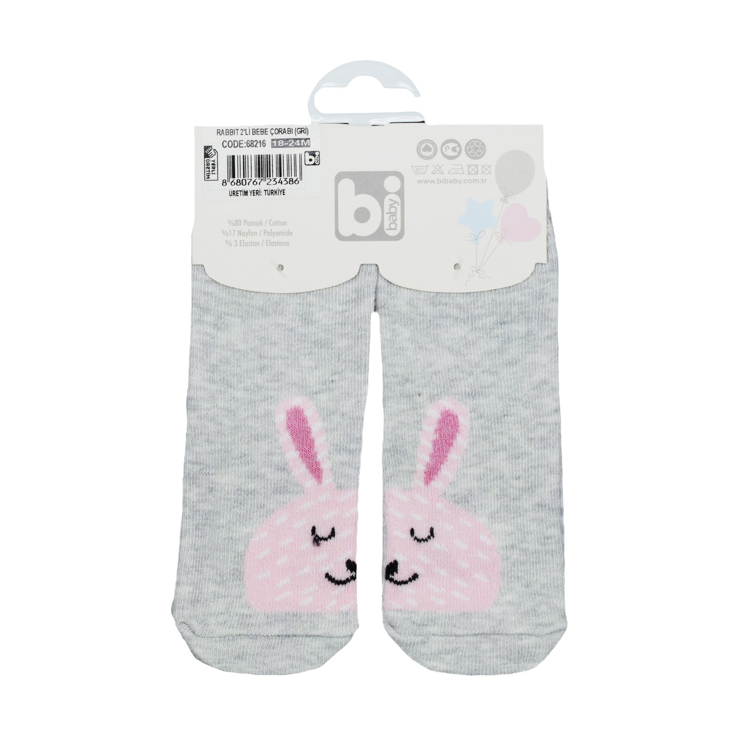Bibaby Rabbit 2'li Bebek Çorap 68216 Gri