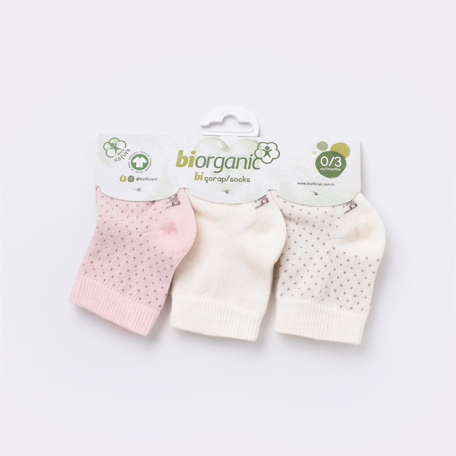 Biorganic Puanlı 3'lü Bebek Çorabı 68436 Ekru-Pembe