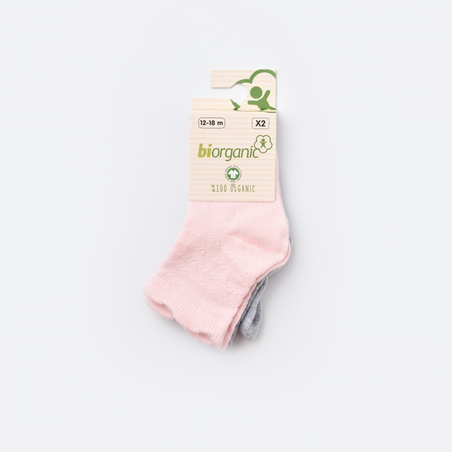 Biorganic Desenli Basic 2'li Bebek Çorabı 68345 Gri-Pembe