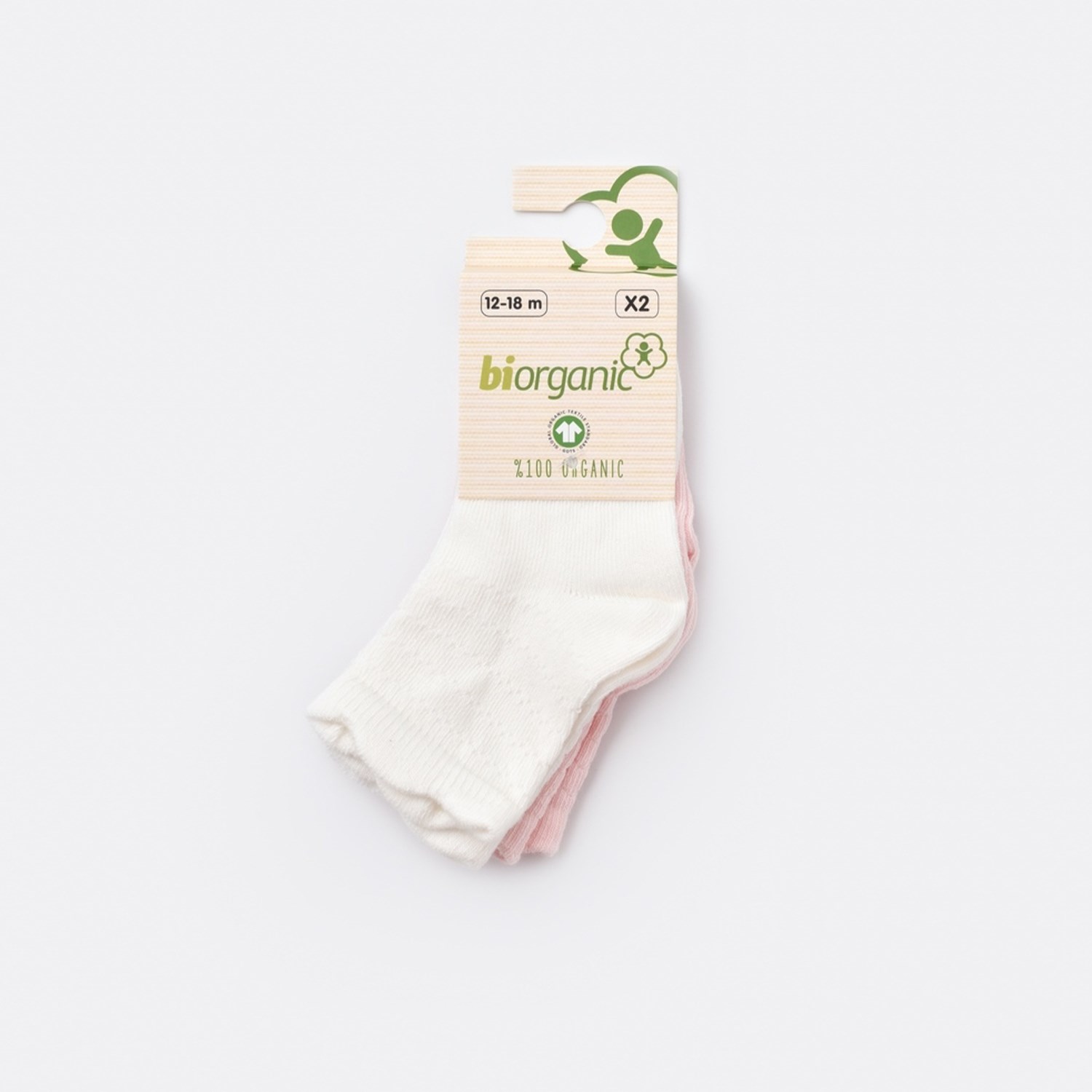 Biorganic Desenli Basic 2'li Bebek Çorabı 68345 Pembe-Ekru