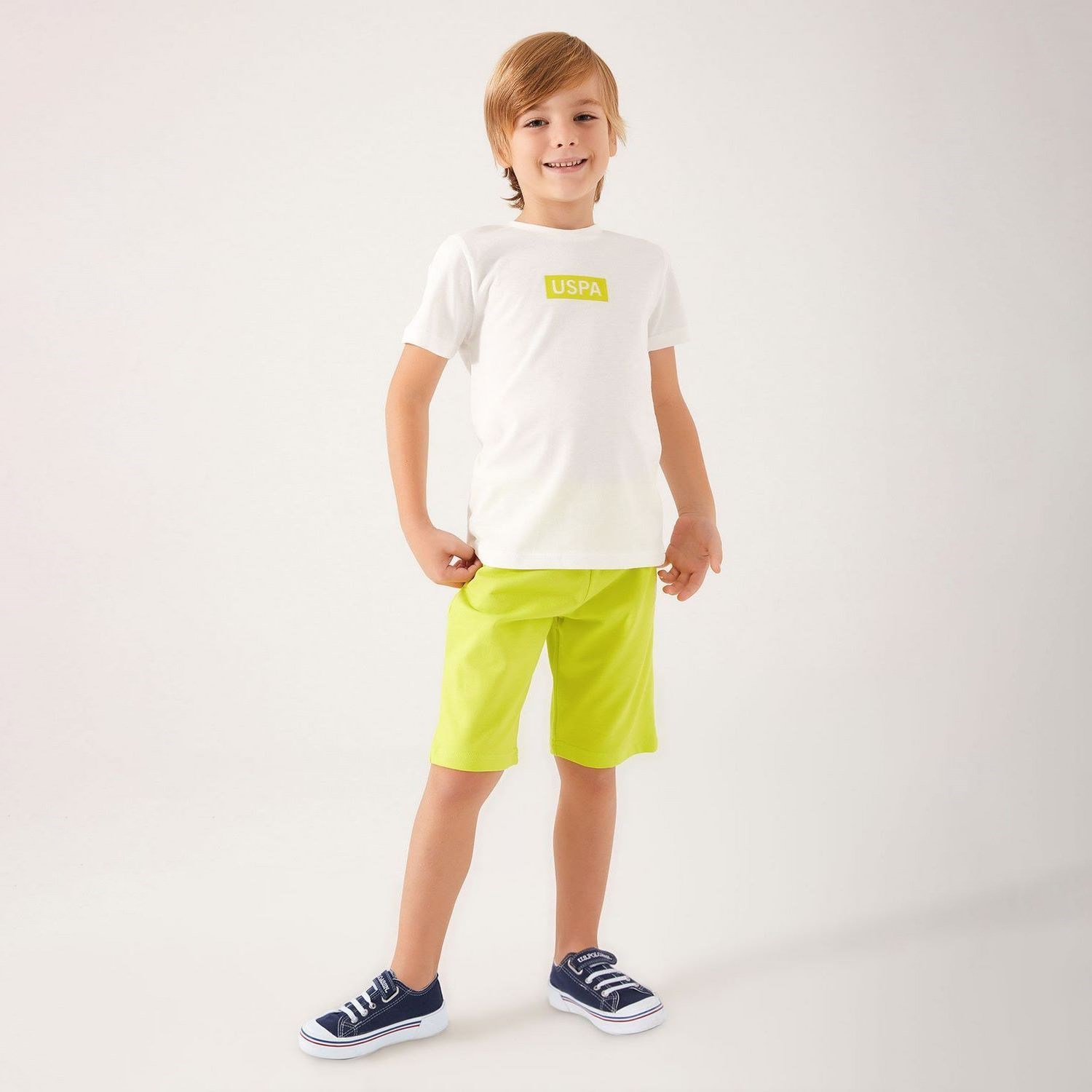 U.S. Polo Assn Plain Pattern Erkek Çocuk Bermuda Takım US1321 Krem