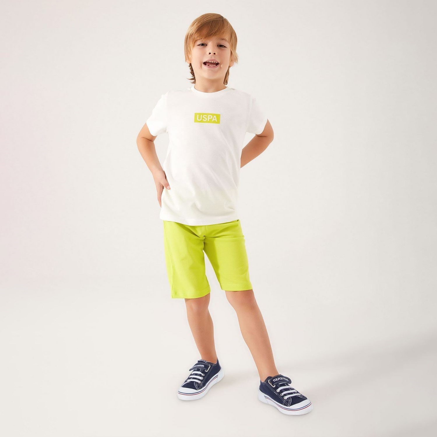 U.S. Polo Assn Plain Pattern Erkek Çocuk Bermuda Takım US1321 Krem