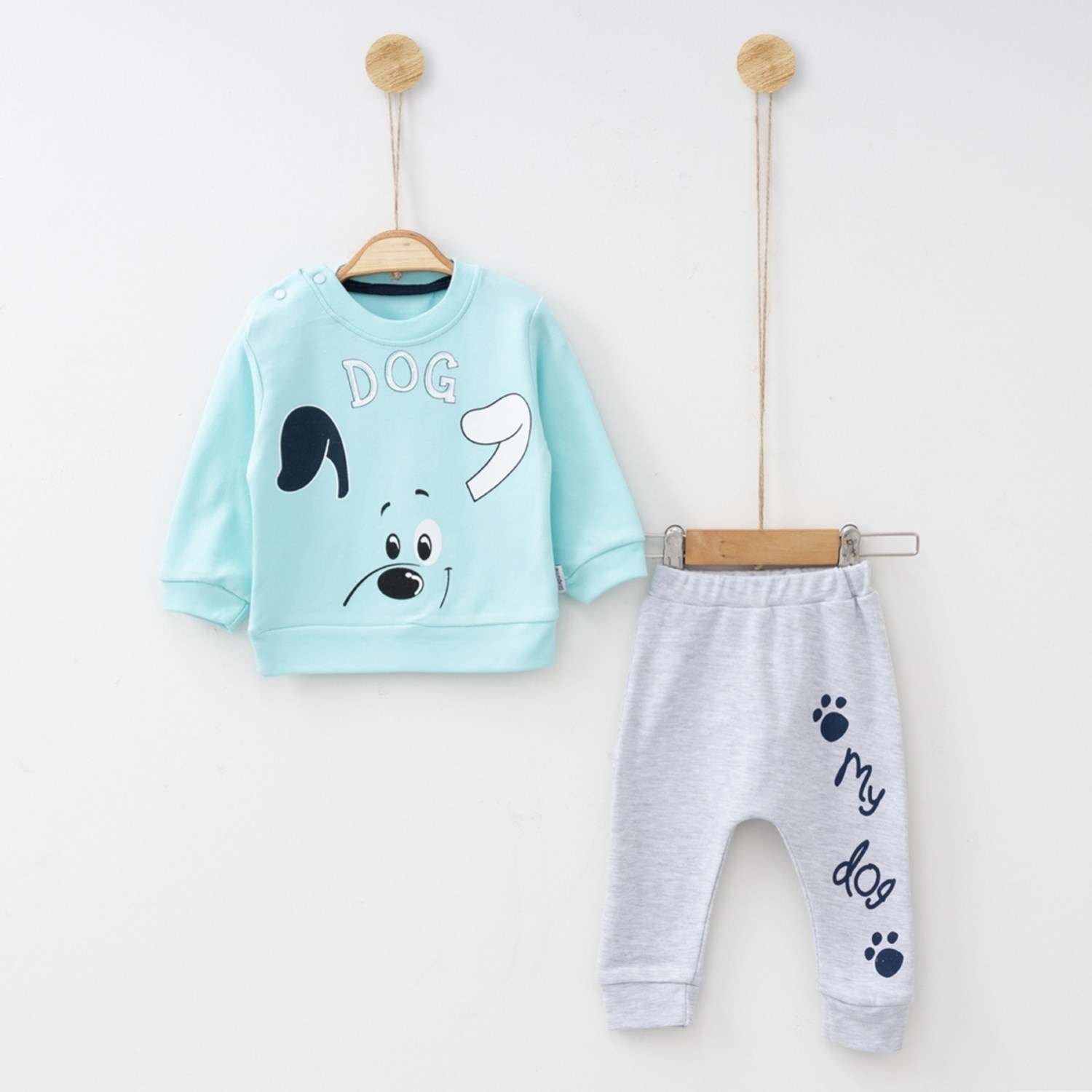 Mini Sempatik Dog Desenli Penye 2'li Bebek Takımı 161R Turkuaz