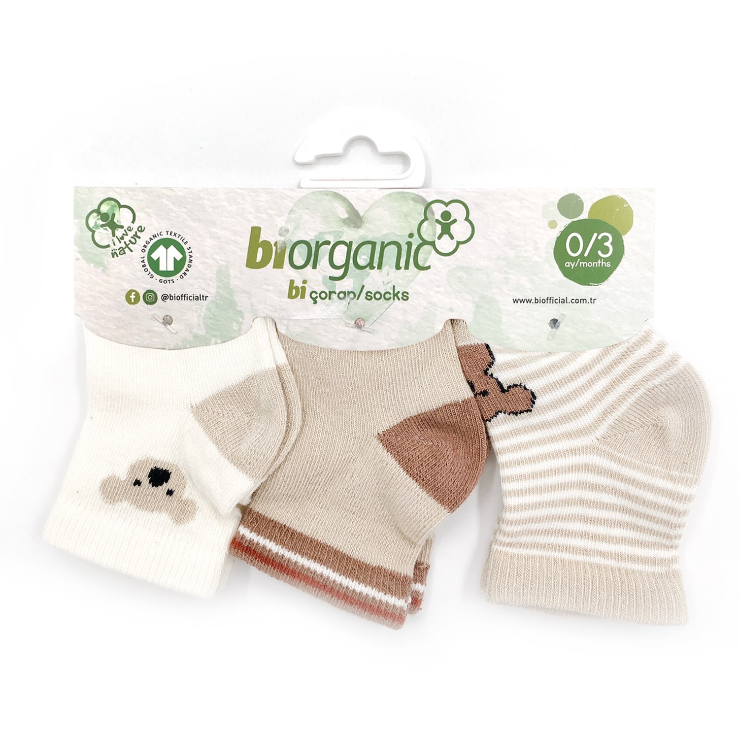 Biorganic Koala 3'lü Bebek Çorabı 68449 Bej