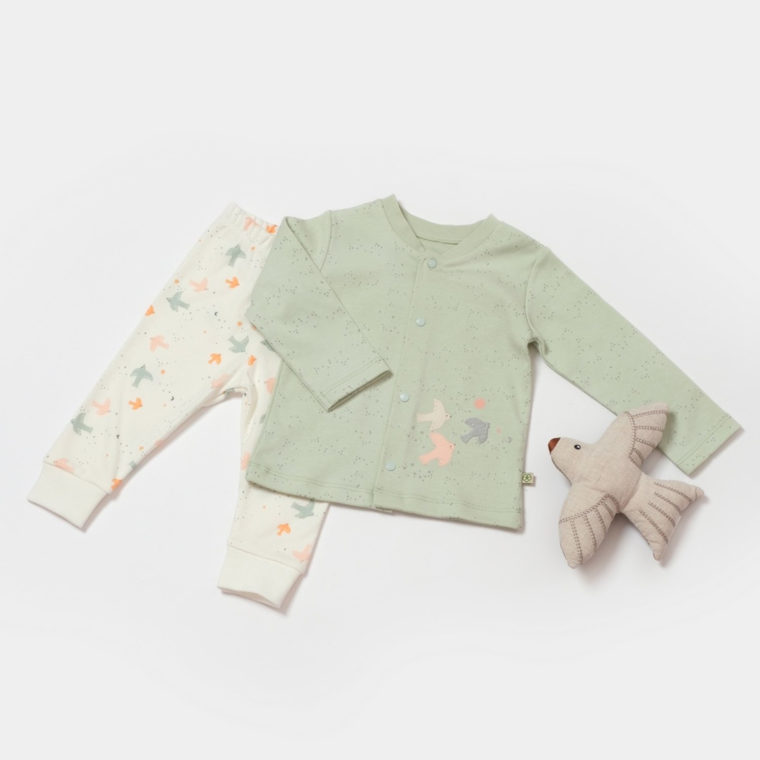 Biorganic Tiny Birds Bebek Pijama Takımı 59768 Ekru-Yeşil