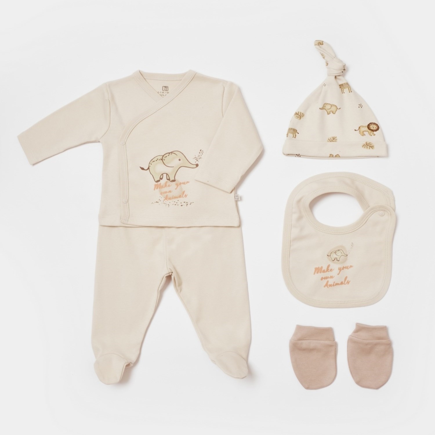 Bibaby Animals Kingdom 5'li Bebek Hastane Çıkış Seti Ekru-Bej