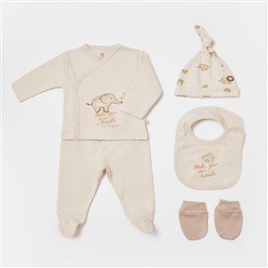 Bibaby Animals Kingdom 5'li Bebek Hastane Çıkış Seti Ekru-Bej