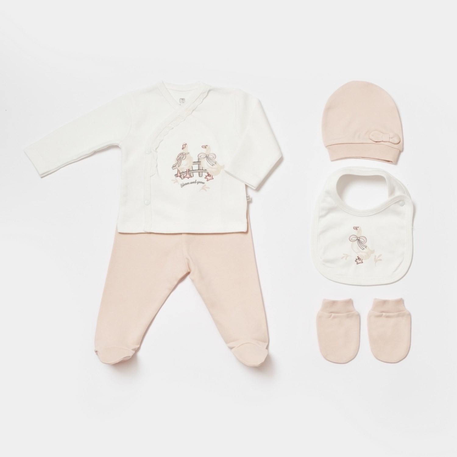 Bibaby Twin Duck 5'li Bebek Hastane Çıkış Seti Ekru-Pembe