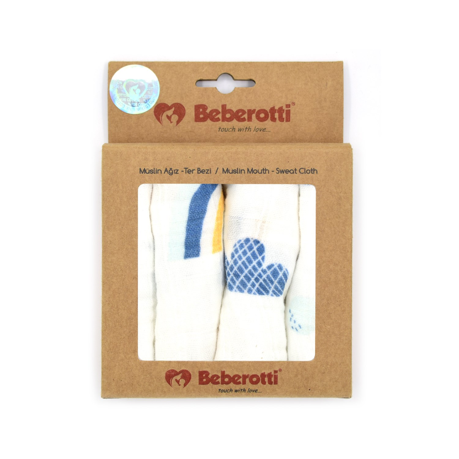 Beberotti 4'lü Müslin Bebek Ağız Bezi 25x25 Cm Ekru-İndigo