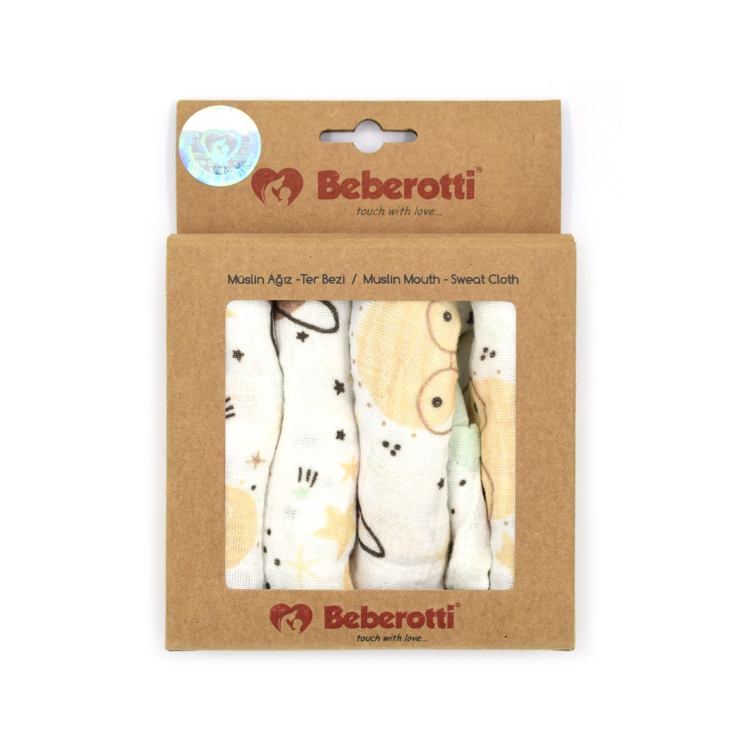 Beberotti 4'lü Müslin Bebek Ağız Bezi 25x25 Cm Ekru-Kahverengi