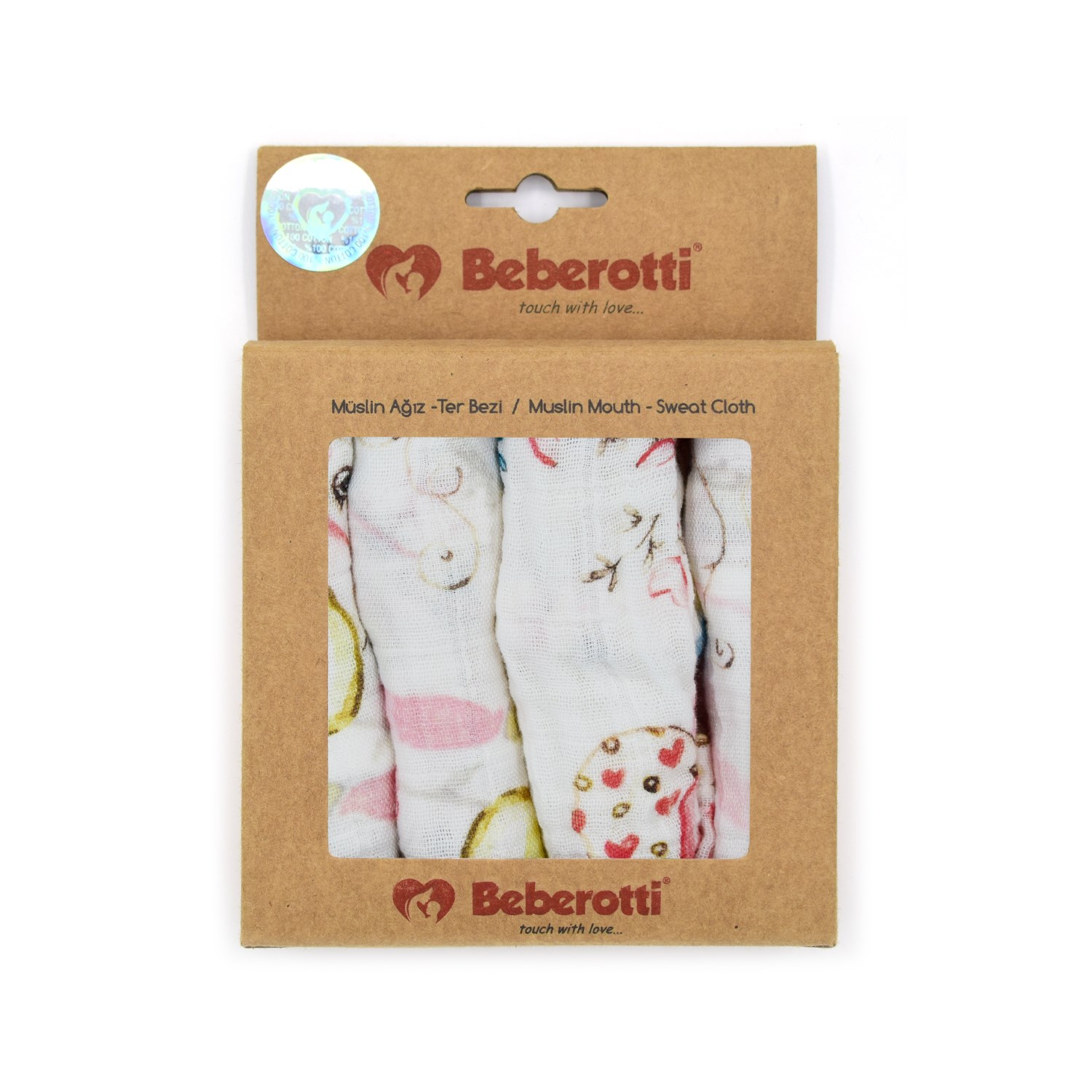 Beberotti 4'lü Müslin Bebek Ağız Bezi 25x25 Cm Ekru-Pembe