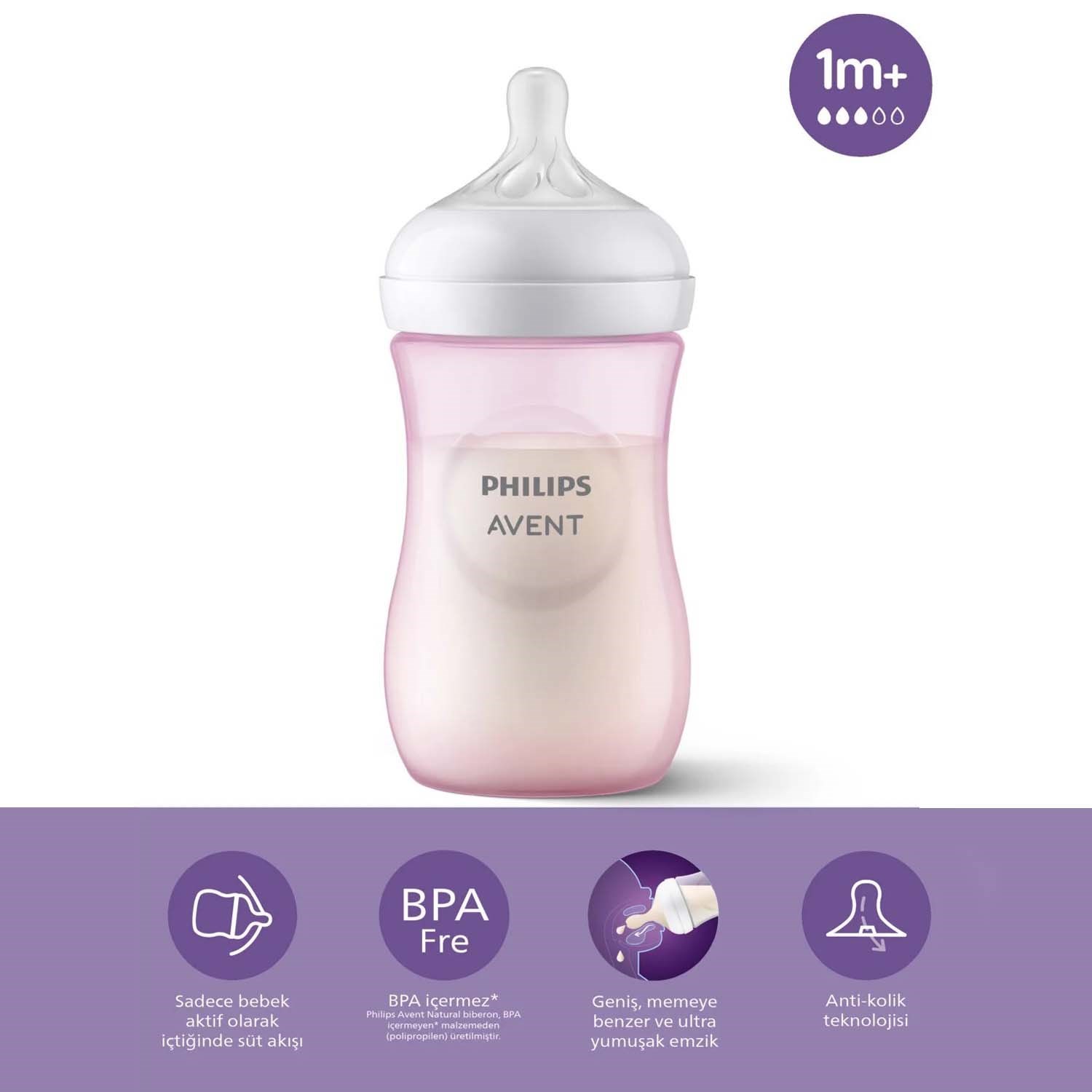 Philips Avent Natural Response PP Biberon 260ml 1+ Ay Pembe