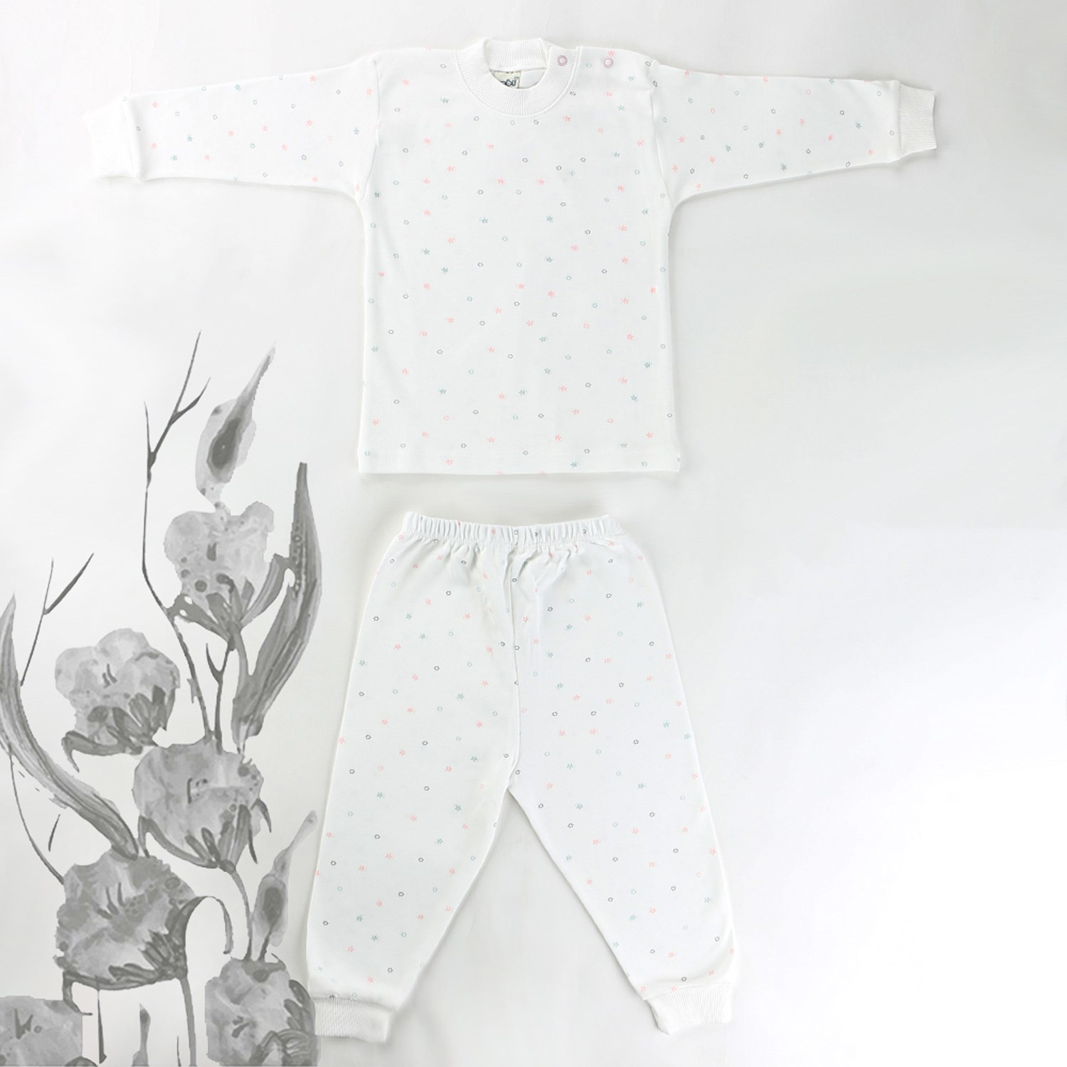 Sebi Bebe Mini Çiçek Pijama Takımı 9115 Beyaz-Pembe