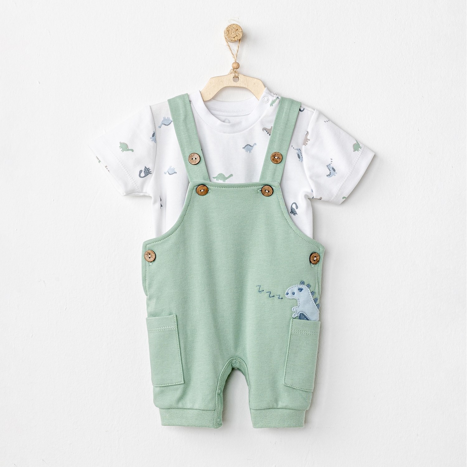 Andywawa Jumpsuit Dinosaur Bebek Salopet AC24571 Yeşil-Beyaz